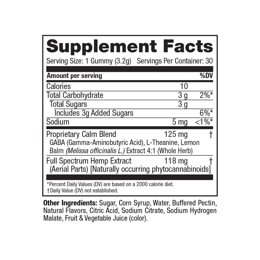 cbdMD Full Spectrum Calming Gummies Mixed Berry 3540mg 30ct Supplement Facts