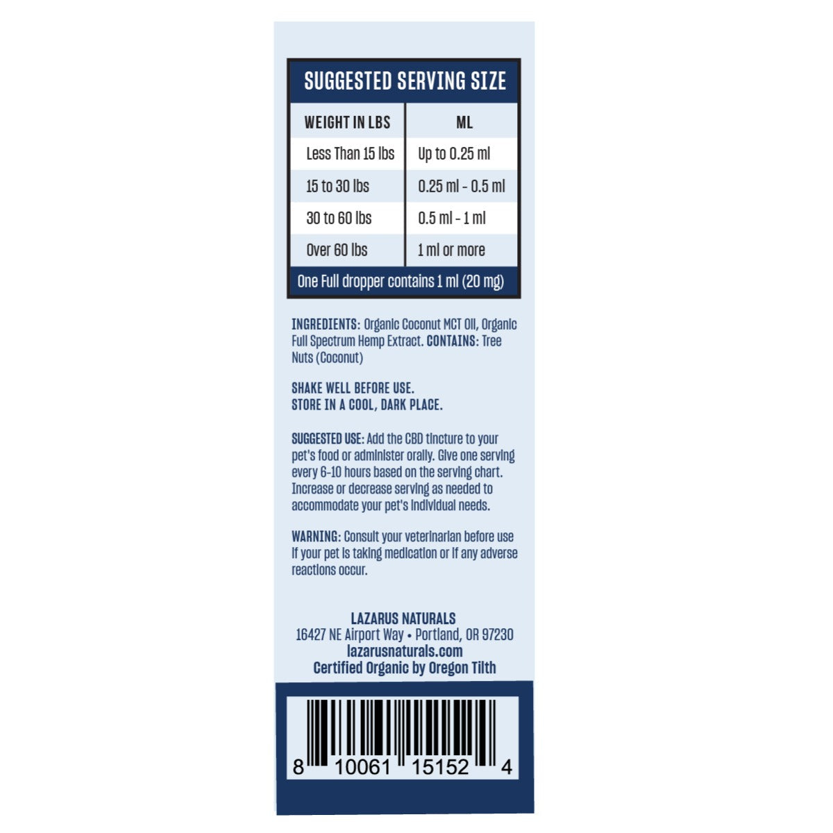 Lazarus Naturals CBD Calming Pet Tincture 600mg 30ml Supplement Facts Lazarus Naturals CBD Calming Pet Tincture 600mg 30ml Supplement Facts