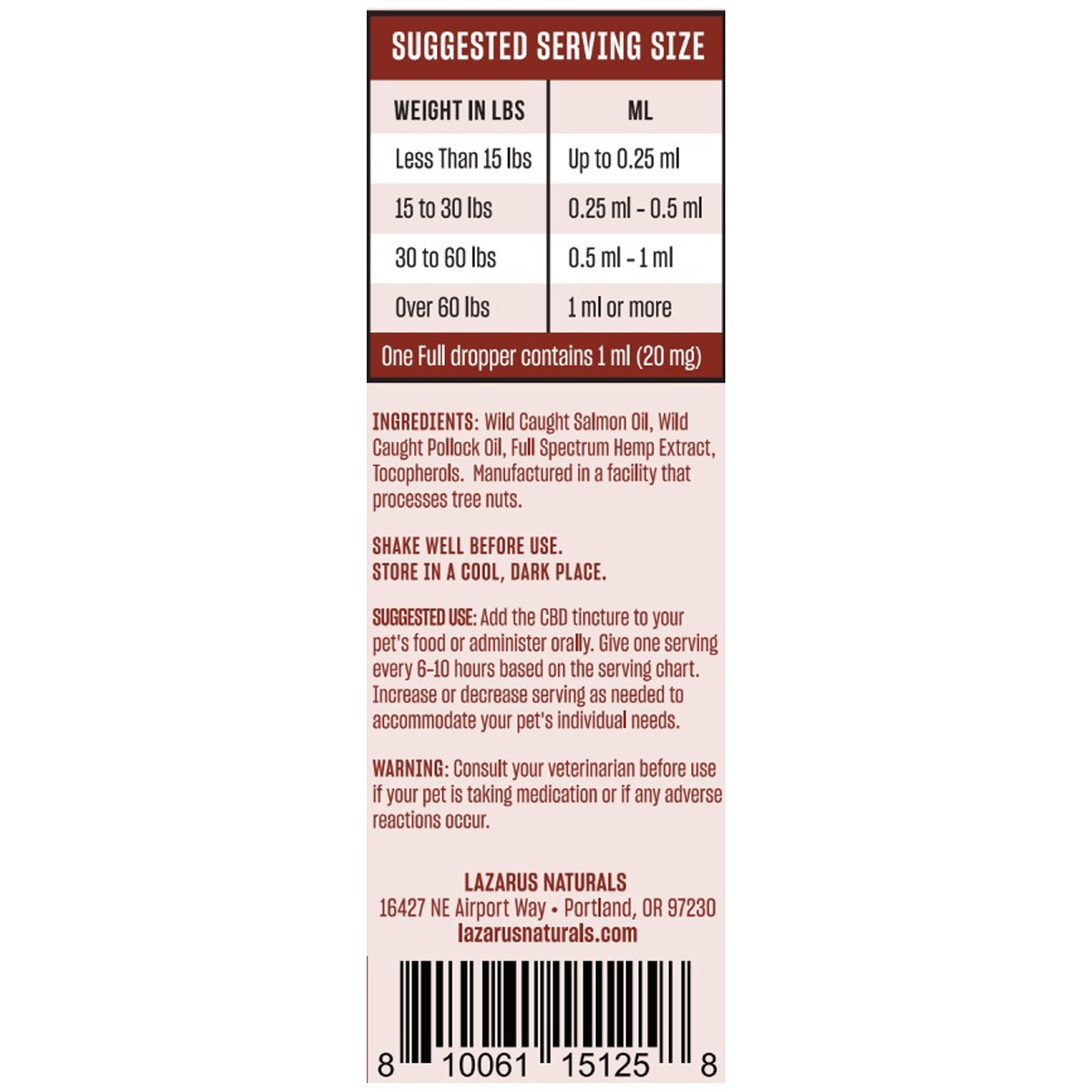 Lazarus Naturals CBD Joint Support Pet Tincture Wild Salmon 600mg 30ml Supplement Facts Lazarus Naturals CBD Joint Support Pet Tincture Wild Salmon 600mg 30ml Supplement Facts