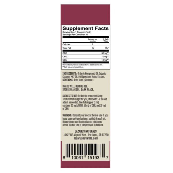 Lazarus Naturals High Potency Full Spectrum CBD, CBG & CBN Tincture 1500mg 30ml Supplement Facts