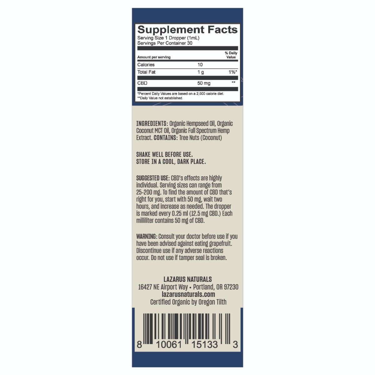 Lazarus Naturals High Potency Full Spectrum CBD Tincture 1500mg 30ml Supplement Facts Lazarus Naturals High Potency Full Spectrum CBD Tincture 1500mg 30ml Supplement Facts