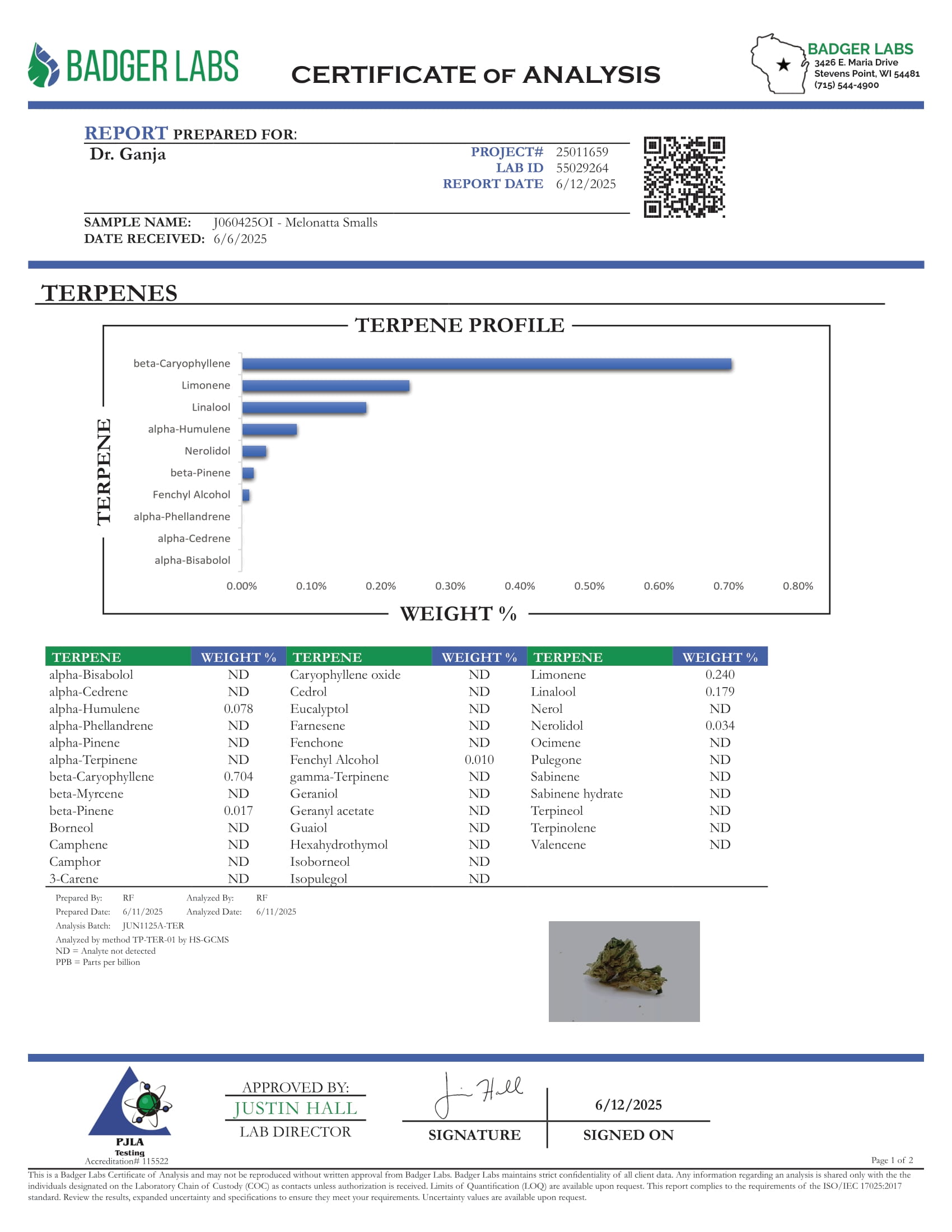 Melonatta Smalls Terpenes Certificate of Analysis