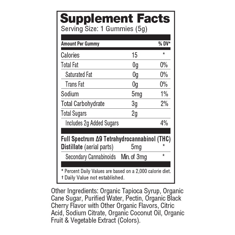 NuLeaf Naturals Delta 9 Gummies Black Cherry 300mg 60ct Supplement Facts NuLeaf Naturals Delta 9 Gummies Black Cherry 300mg 60ct Supplement Facts
