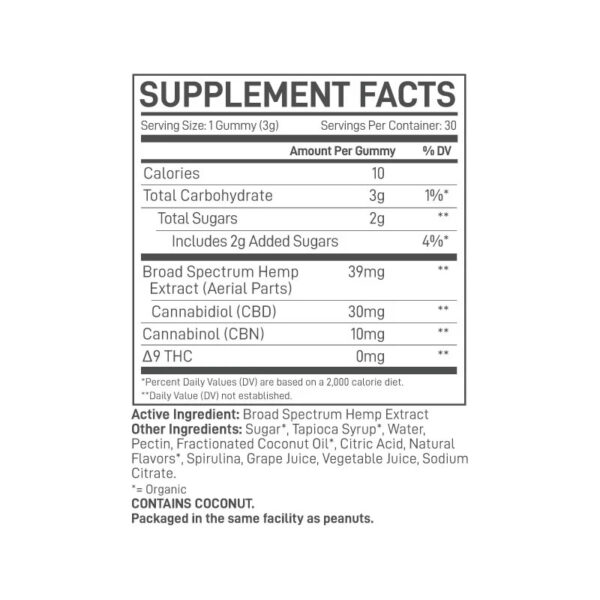 Extract Labs Broad Spectrum CBN CBD Gummies Elderberry 1200mg 30ct Supplement Facts