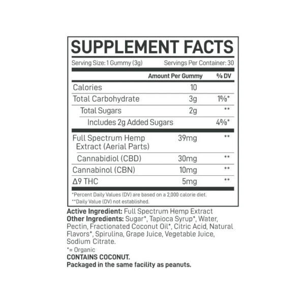 Extract Labs Full Spectrum CBN Delta 9 Gummies Blackberry Hibiscus 1350 30ct Supplement Facts