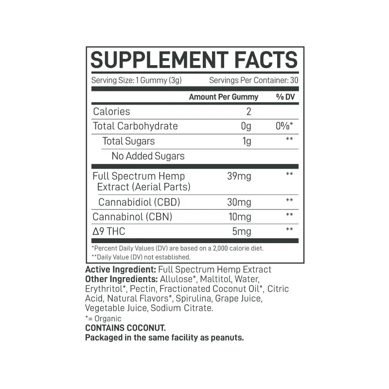 Extract Labs Full Spectrum CBN Delta 9 Sugar Free Gummies Blackberry Hibiscus 1350mg 30ct Supplement Facts