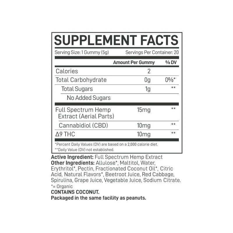 Extract Labs Full Spectrum Delta 9 Sugar Free Gummies Mixed Berry 400mg 20ct Supplement Facts
