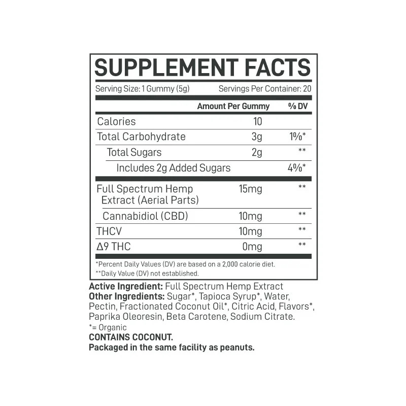 Extract Labs Full Spectrum THCV CBD Gummies Citrus 400mg 20ct Supplement Facts