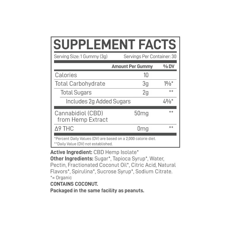 Extract Labs THC Free CBD Gummies Blue Raspberry 1500mg 30ct Supplement Facts