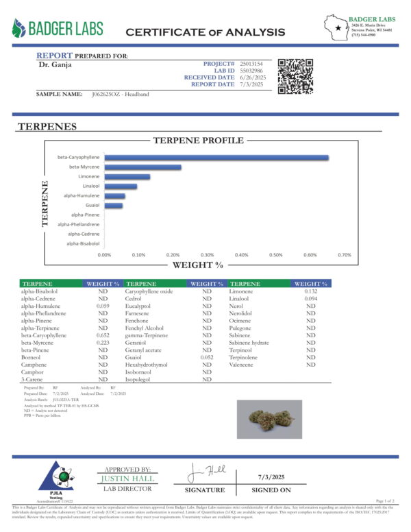 Headband Terpenes Certificate of Analysis