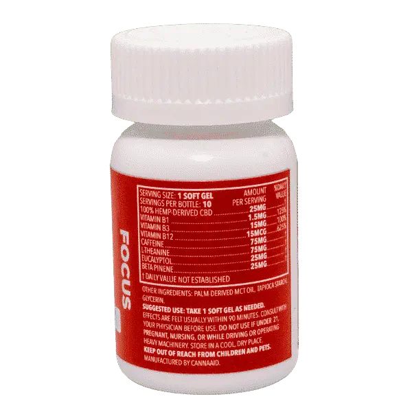 CannaAid CBD Focus Softgels 250mg 10ct Supplement Facts
