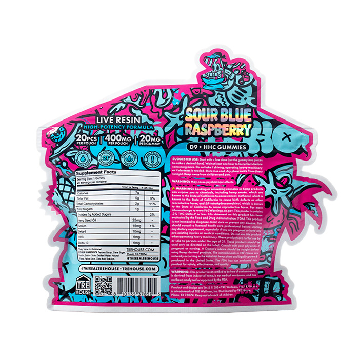 Tre House Delta 9 HHC Gummies Sour Blue Raspberry 400mg 20ct Supplement Facts