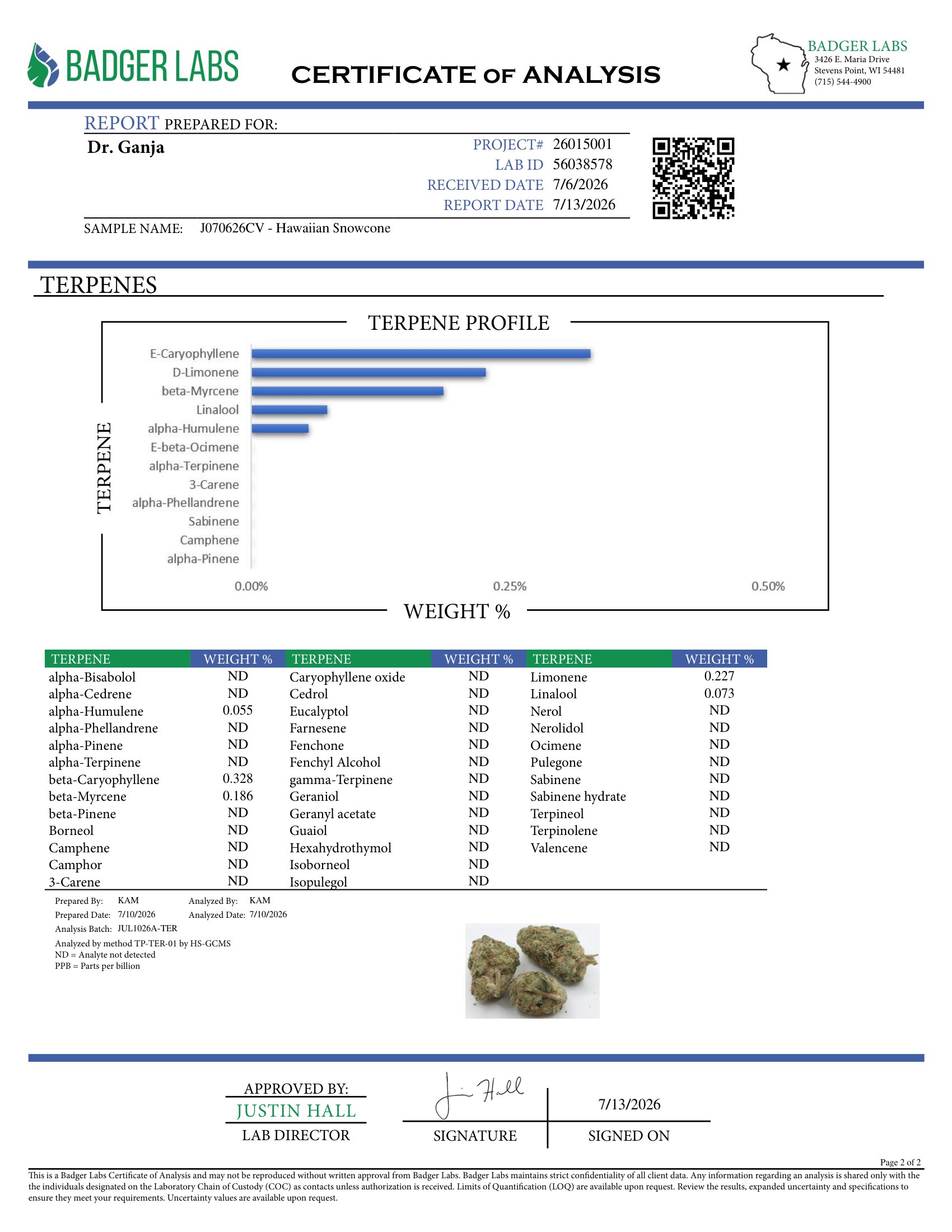 Hawaiian Snowcone Terpenes Certificate of Analysis