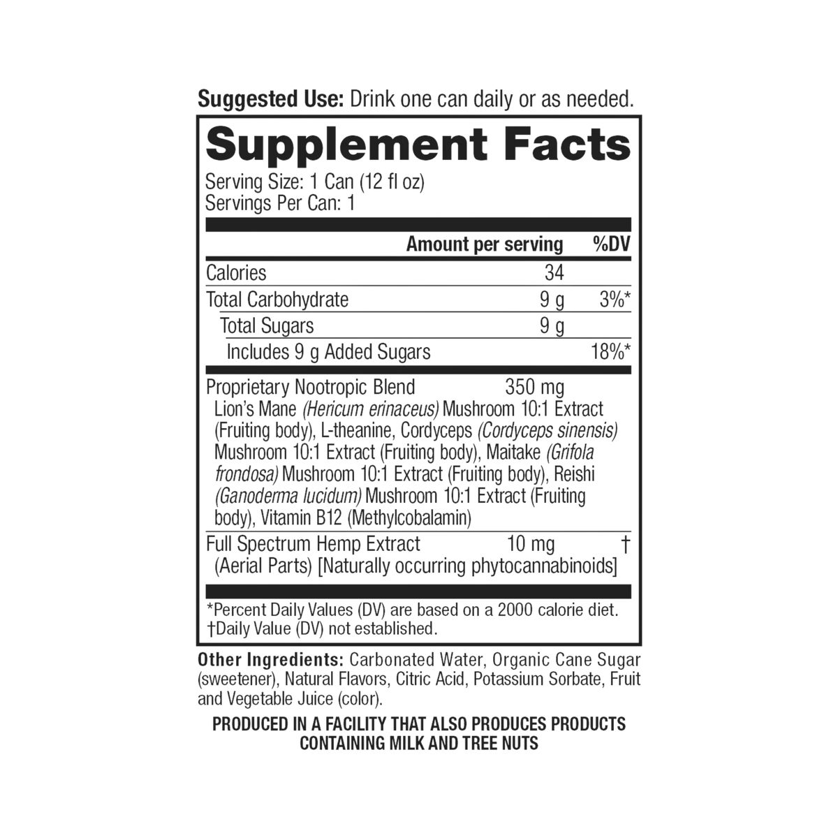 Herbal Oasis Social Tonic 5mg THC + 5mg CBG 12oz Berry Fusion Supplement Facts
