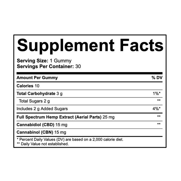 CBDistillery Enhance Sleep Gummies 15mg CBN 15mg CBD Elderberry 30ct Supplement Facts