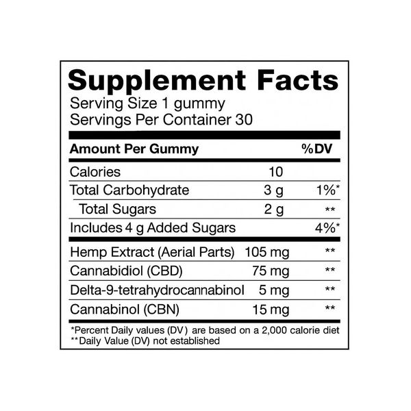 CBDistillery Enhanced Deep Sleep Gummies 5mg THC 15mg CBN 75mg CBD Dreamberry 30ct Supplement Facts