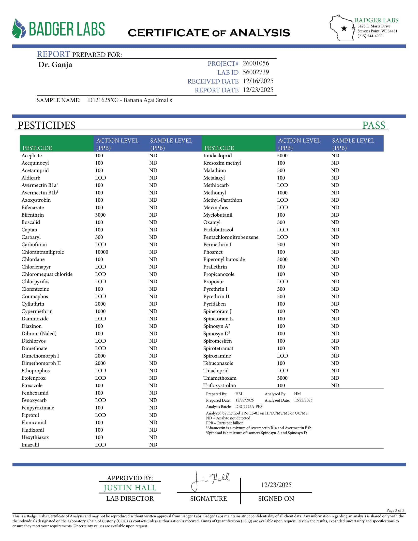 Banana Açai Smalls Pesticides Certificate of Analysis
