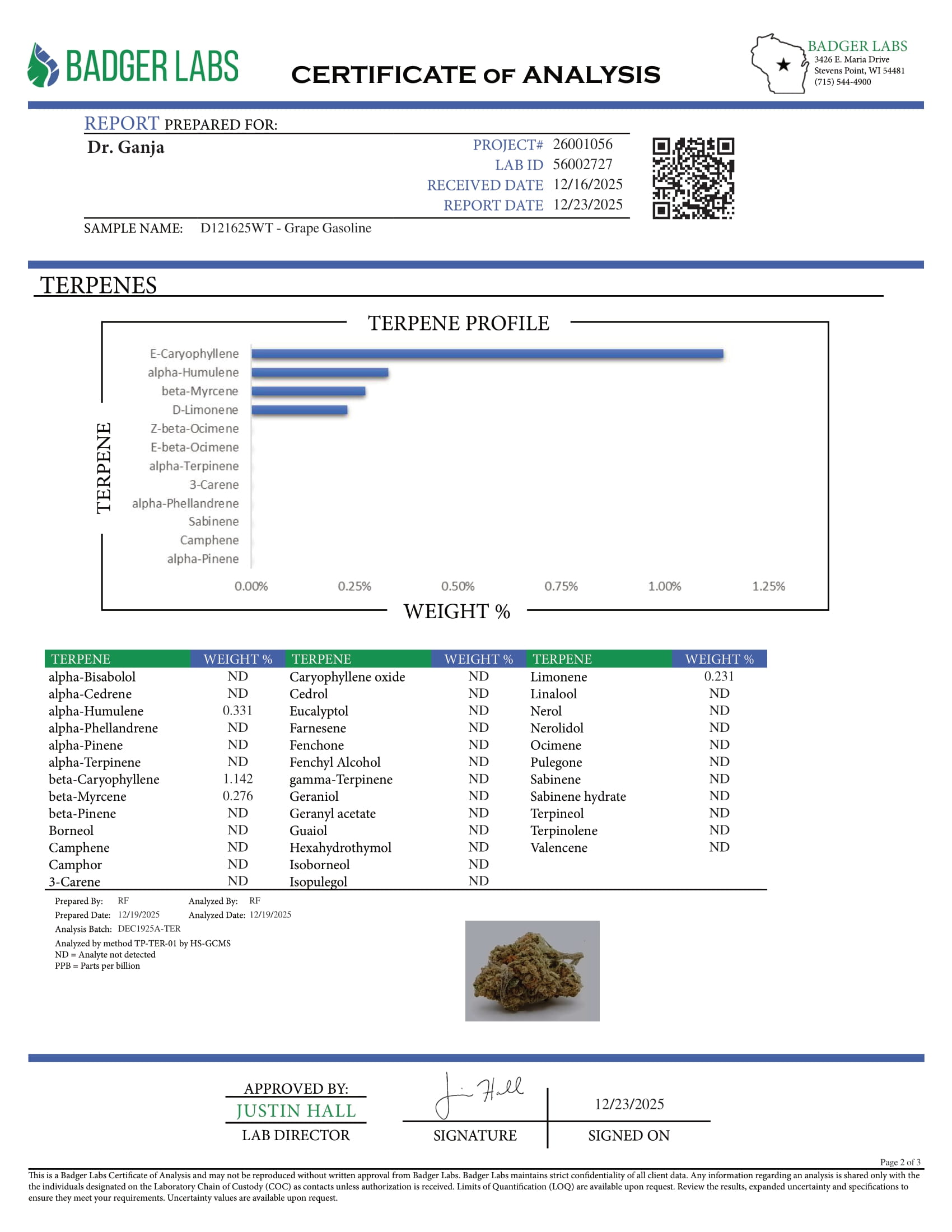 Grape Gasoline Terpenes Certificate of Analysis