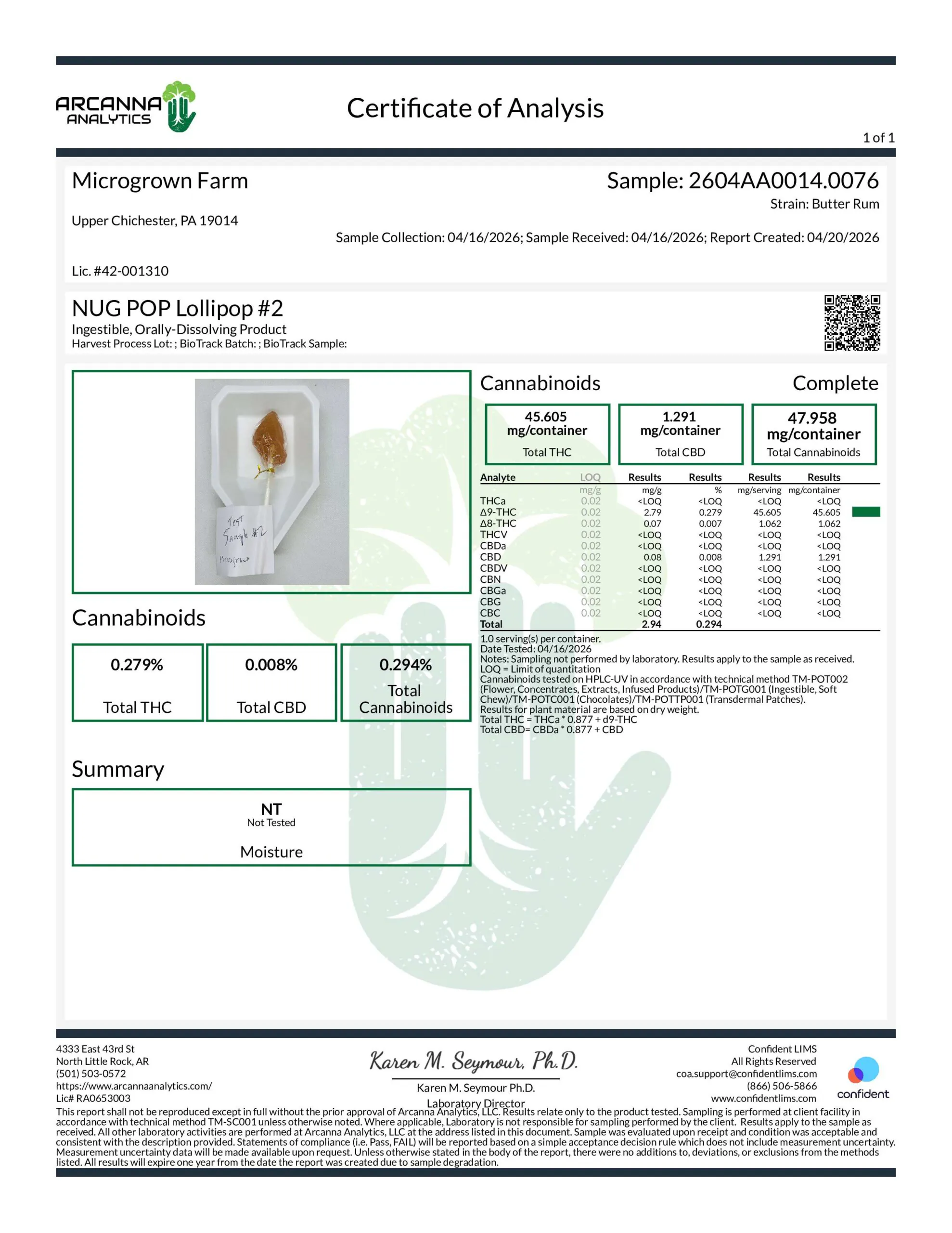 Nug Pops Lollipop Butter Rum Cannabinoids Certificate of Analysis