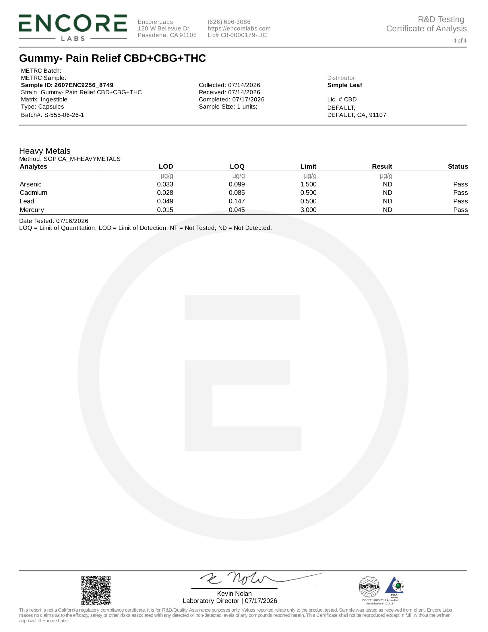 Simple Leaf Delta 9, CBD CBG Relief Gummies Heavy Metals Certificate of Analysis