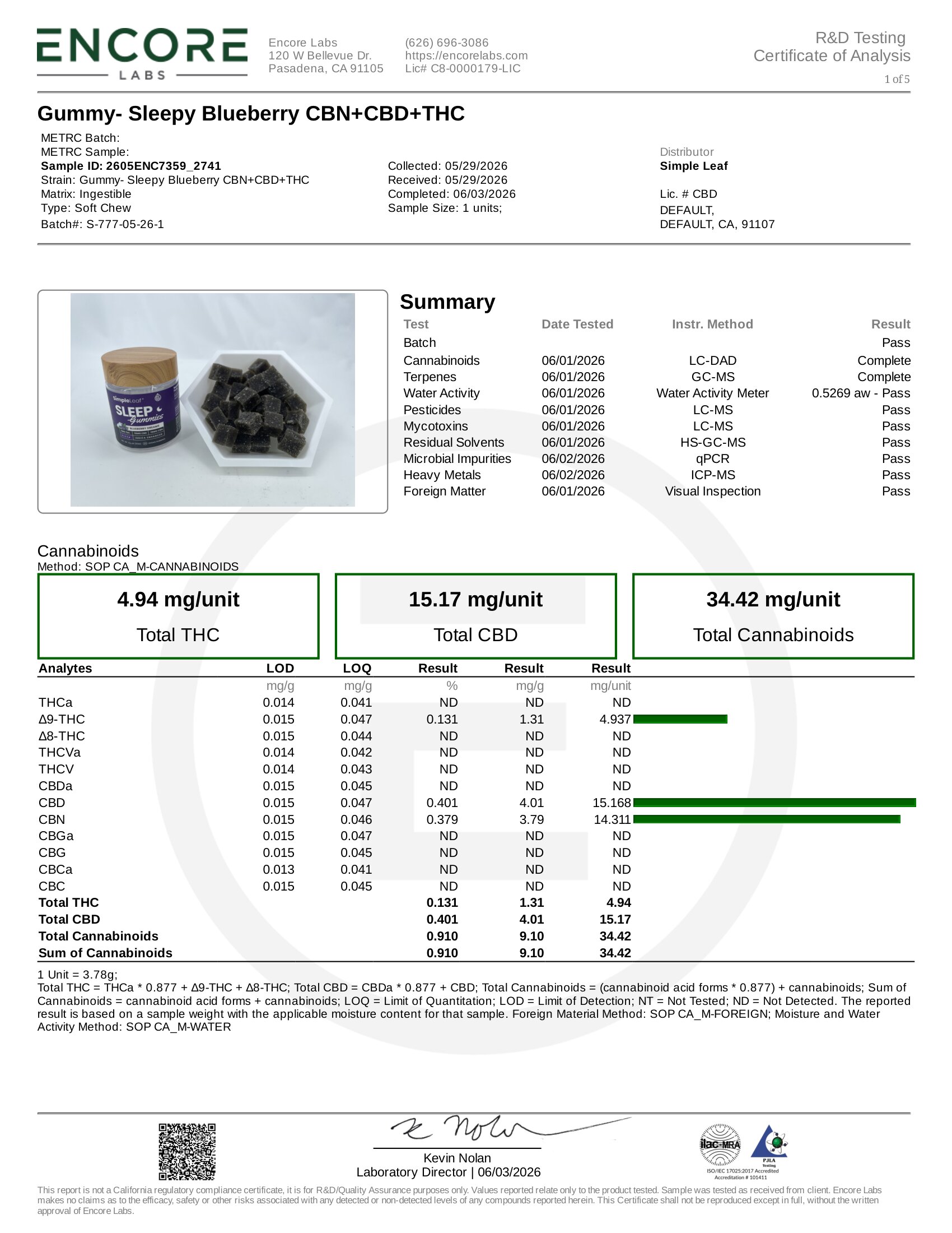 Simple Leaf Delta 9, CBD CBN Sleep Gummies Cannabinoids Certificate of Analysis