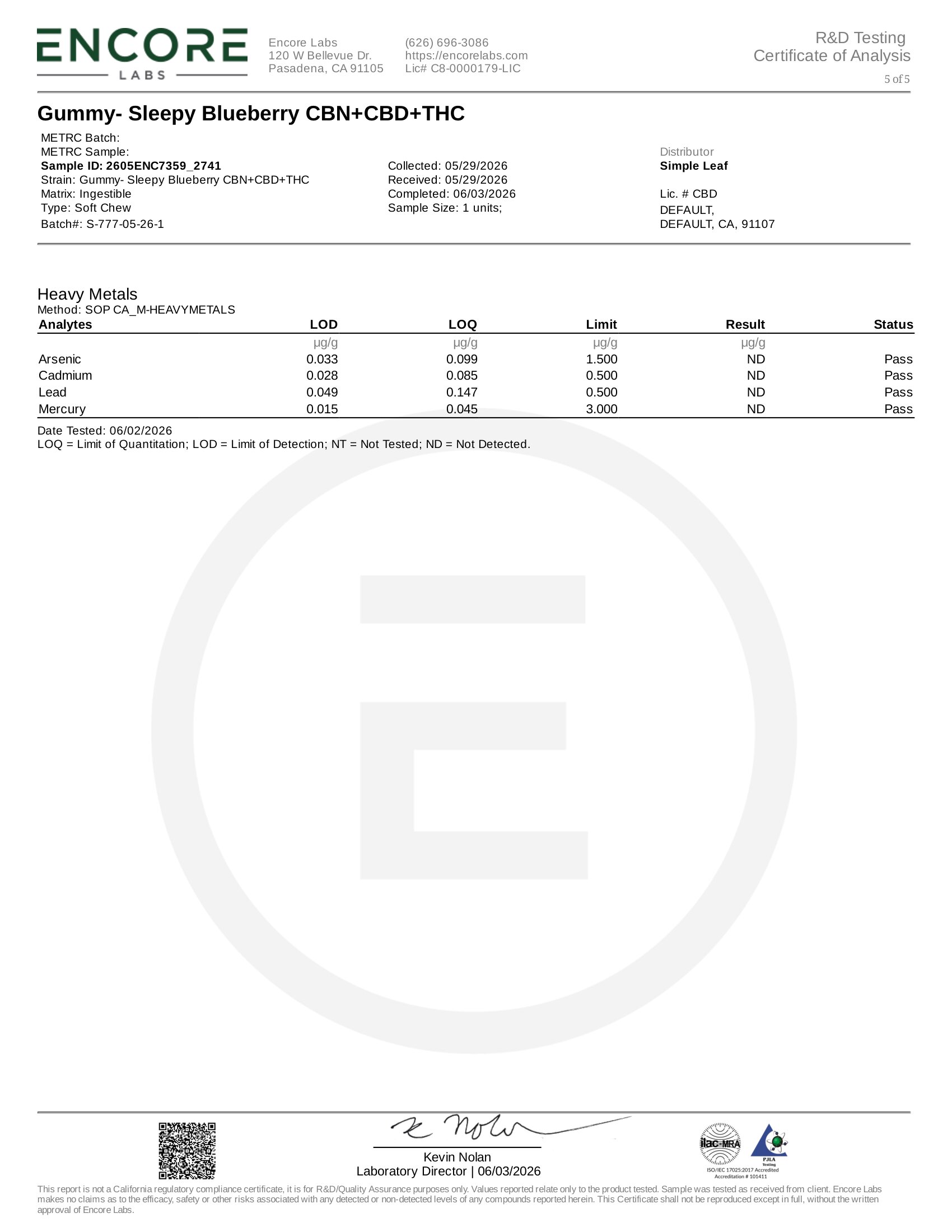 Simple Leaf Delta 9, CBD CBN Sleep Gummies Heavy Metals Certificate of Analysis
