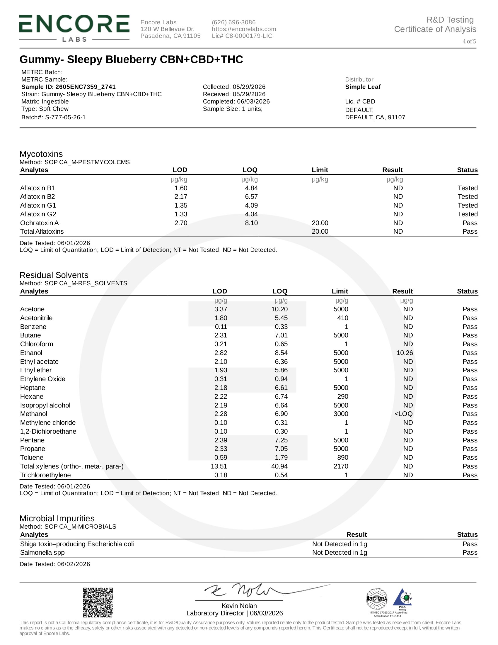 Simple Leaf Delta 9, CBD CBN Sleep Gummies Mycotoxins Certificate of Analysis
