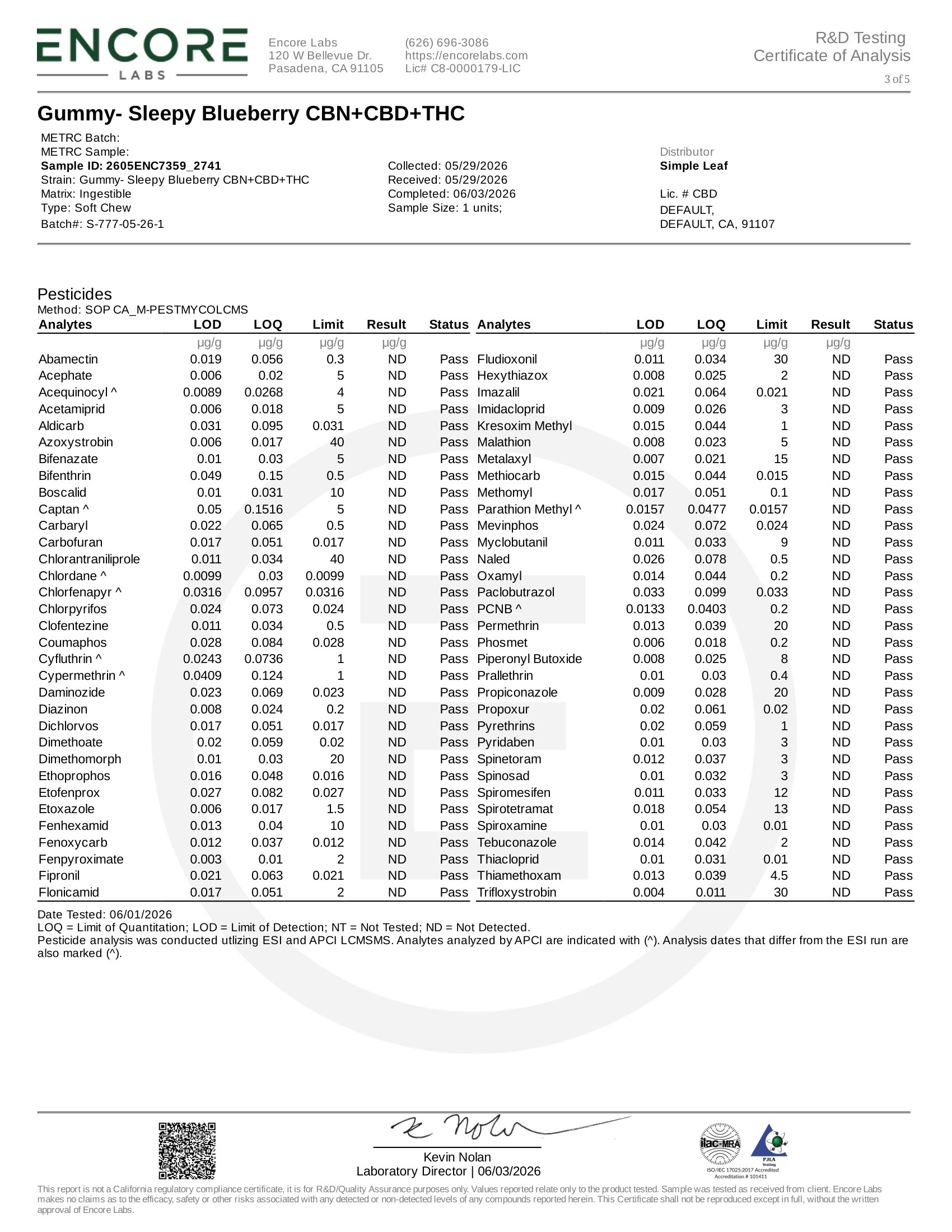Simple Leaf Delta 9, CBD CBN Sleep Gummies Pesticides Certificate of Analysis