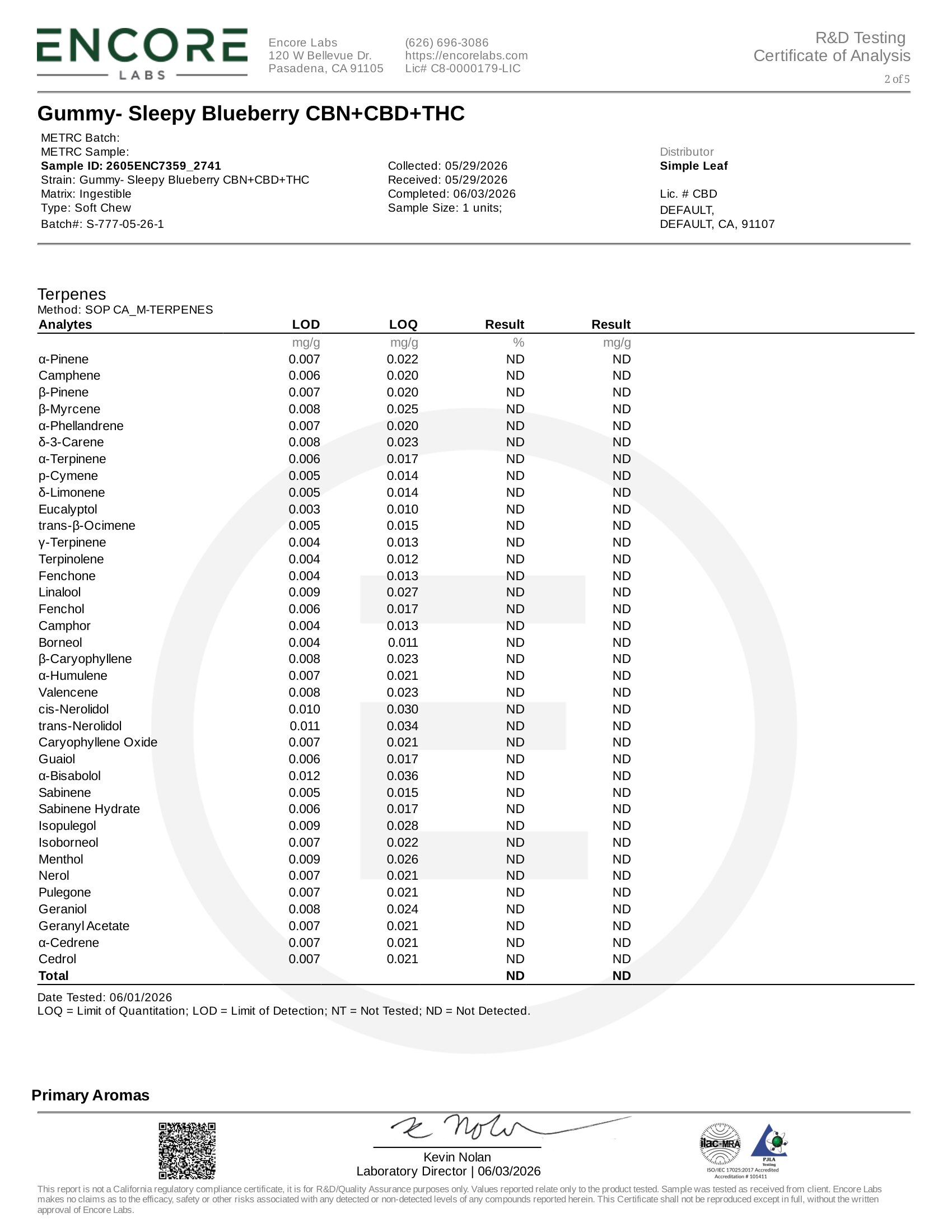 Simple Leaf Delta 9, CBD CBN Sleep Gummies Terpenes Certificate of Analysis