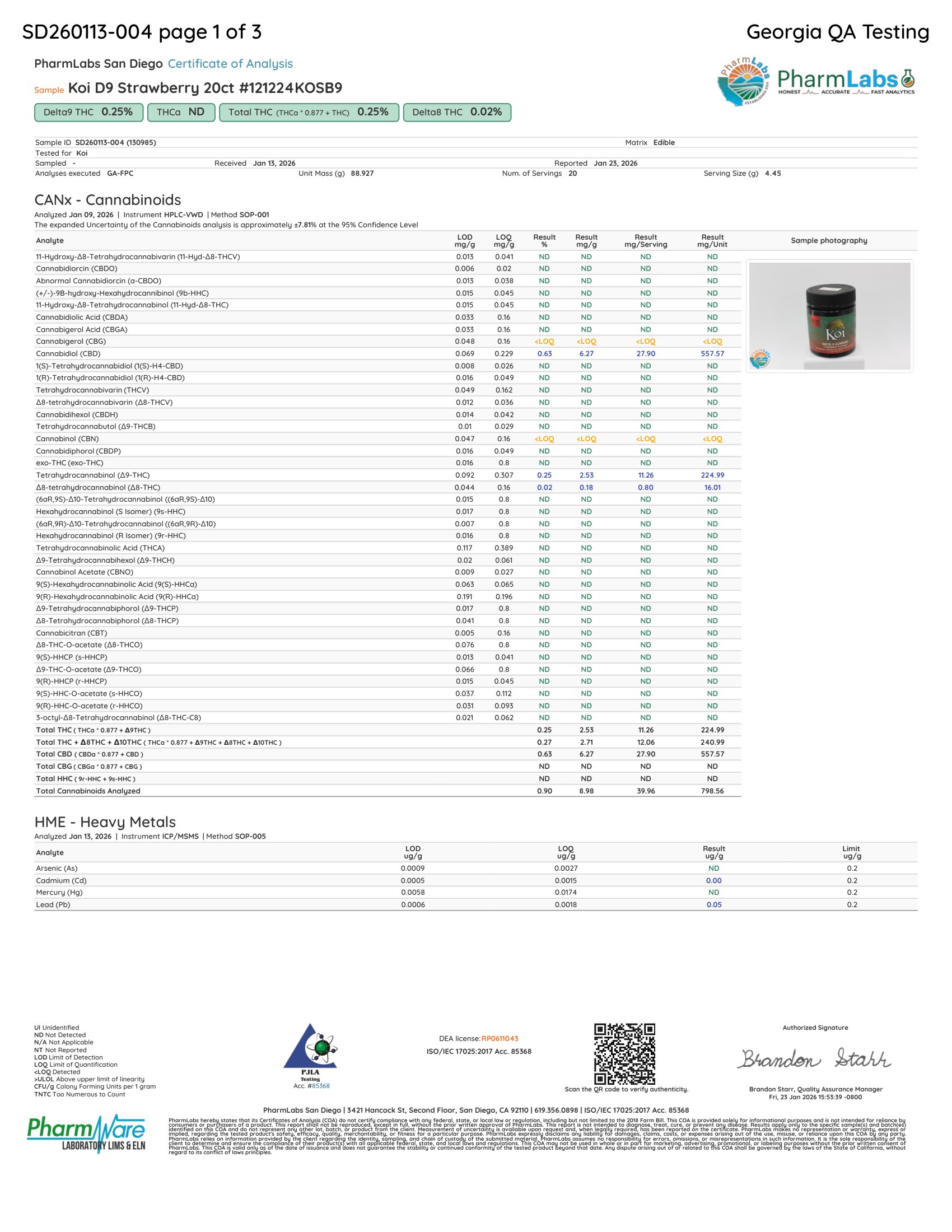 Koi Delta 9 THC Gummies Cannabinoids Certificate of Analysis