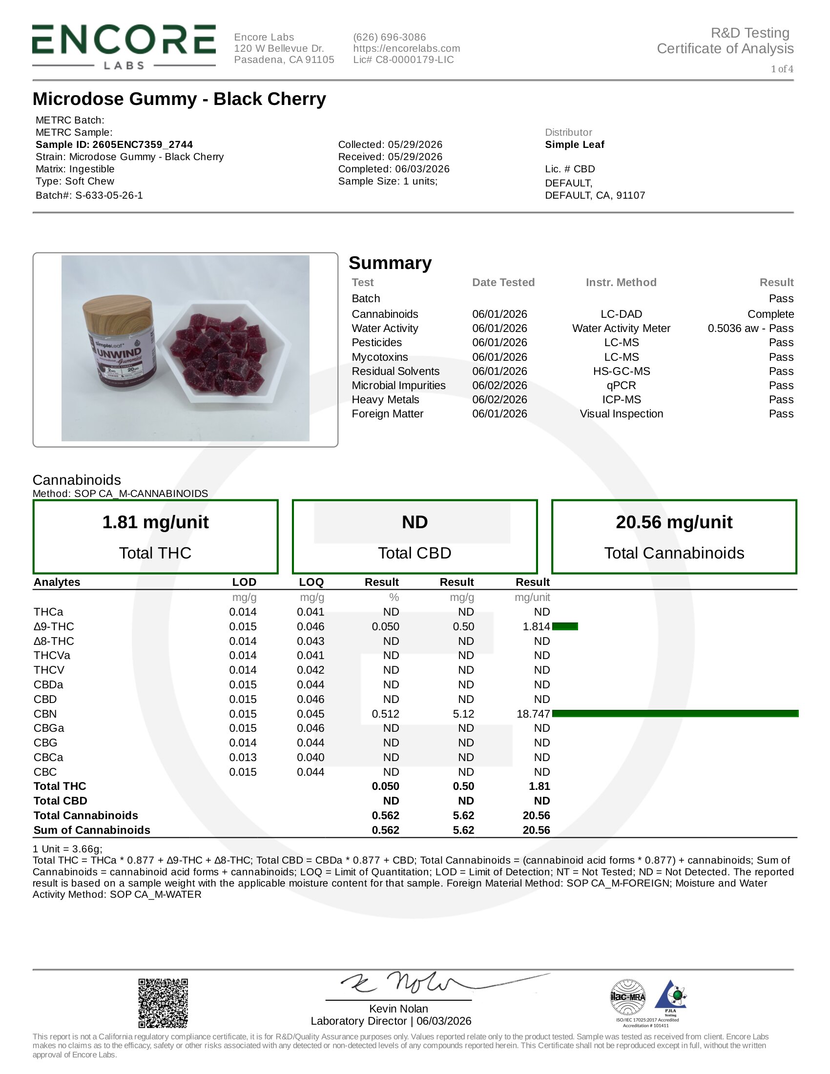 Simple Leaf Delta 9 CBN Gummies Black Cherry Cannabinoids Certificate of Analysis