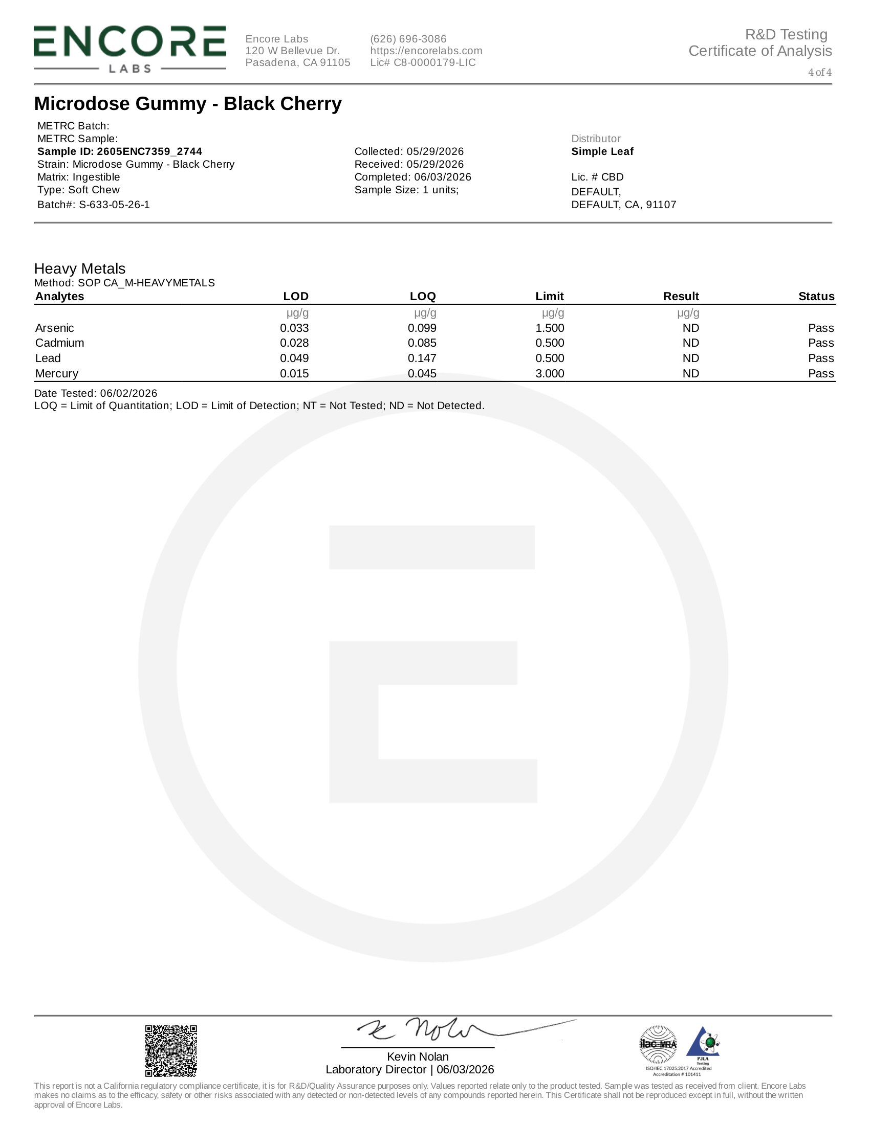 Simple Leaf Delta 9 CBN Gummies Black Cherry Heavy Metals Certificate of Analysis