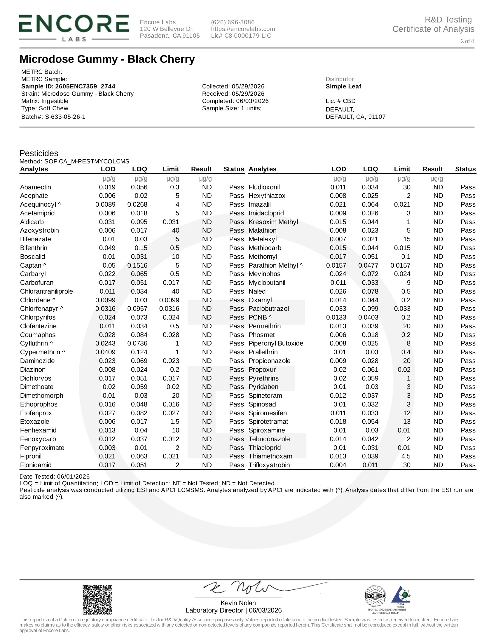 Simple Leaf Delta 9 CBN Gummies Black Cherry Pesticides Certificate of Analysis