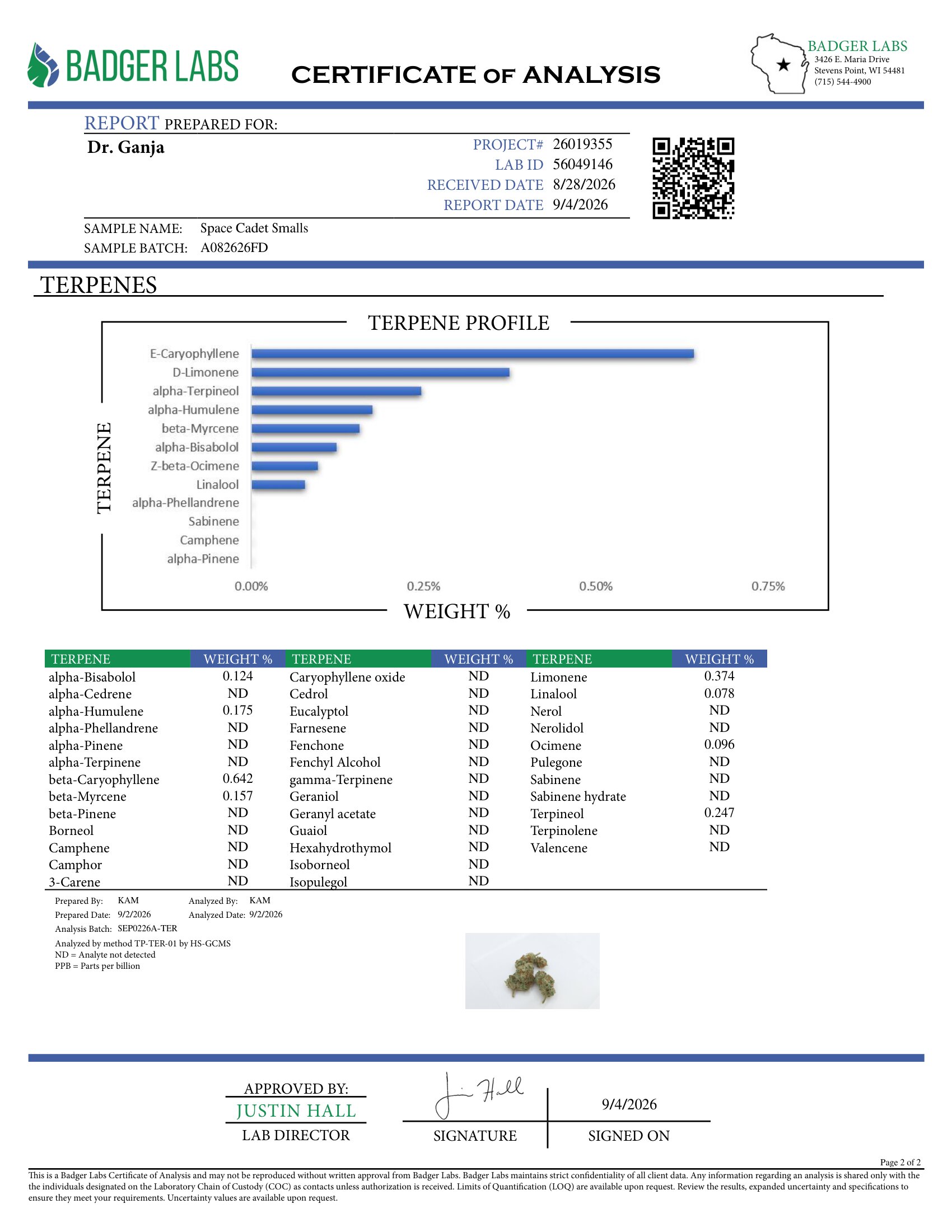 Space Cadet Smalls Terpenes Certificate of Analysis
